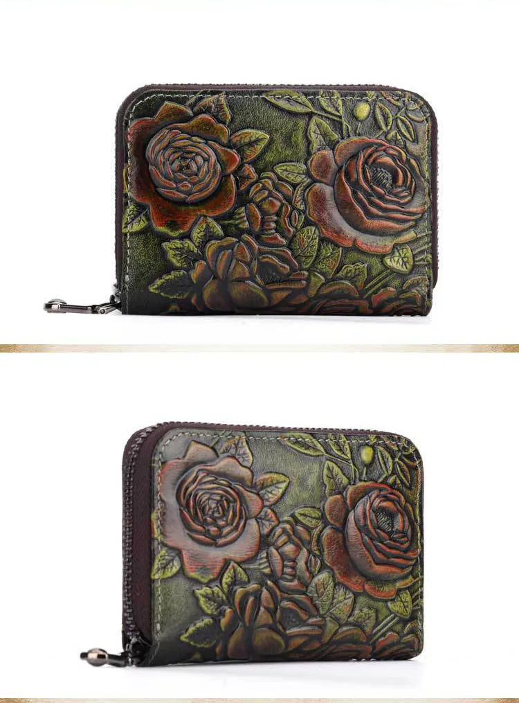 Womens Silver Leather Small Zip Around Wallet Rose Billfold Wristlet Wallet Floral Ladies Zipper Small Card Wallet for Women
