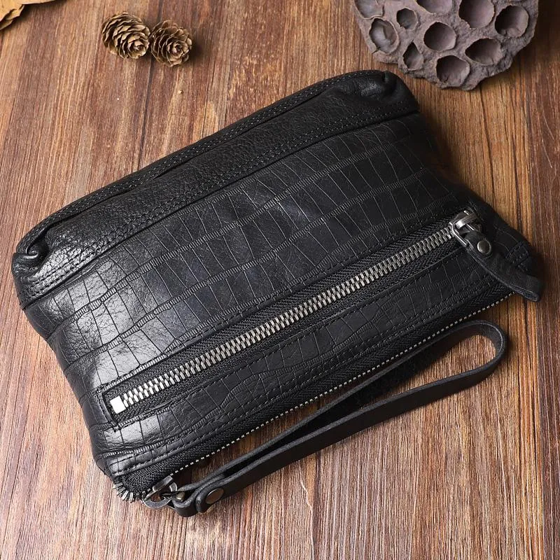 Wrinkled Leather Mens Cool Long Leather Blue Wallet Zipper Clutch Wristlet Wallet for Men