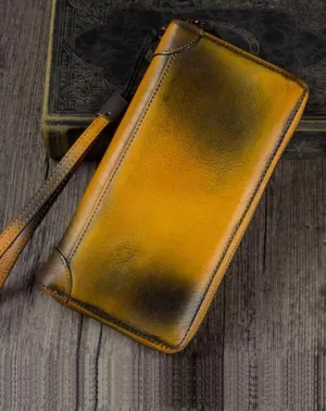 Yellow Womens Vintage Leather Green Long Wallet Zipper Brown Clutch Long Wristlet Wallet for Ladies